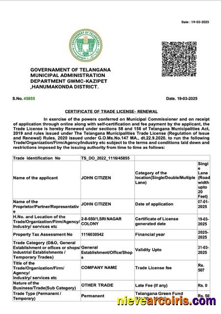 India Telangana certificate of trade license